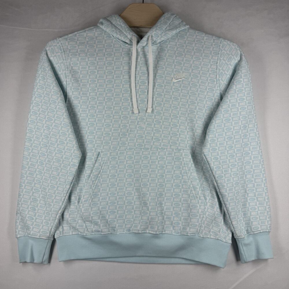 Nike Men’s M Light Blue Allover Swoosh Logo Pullover Hoodie Sweatshirt NWOT